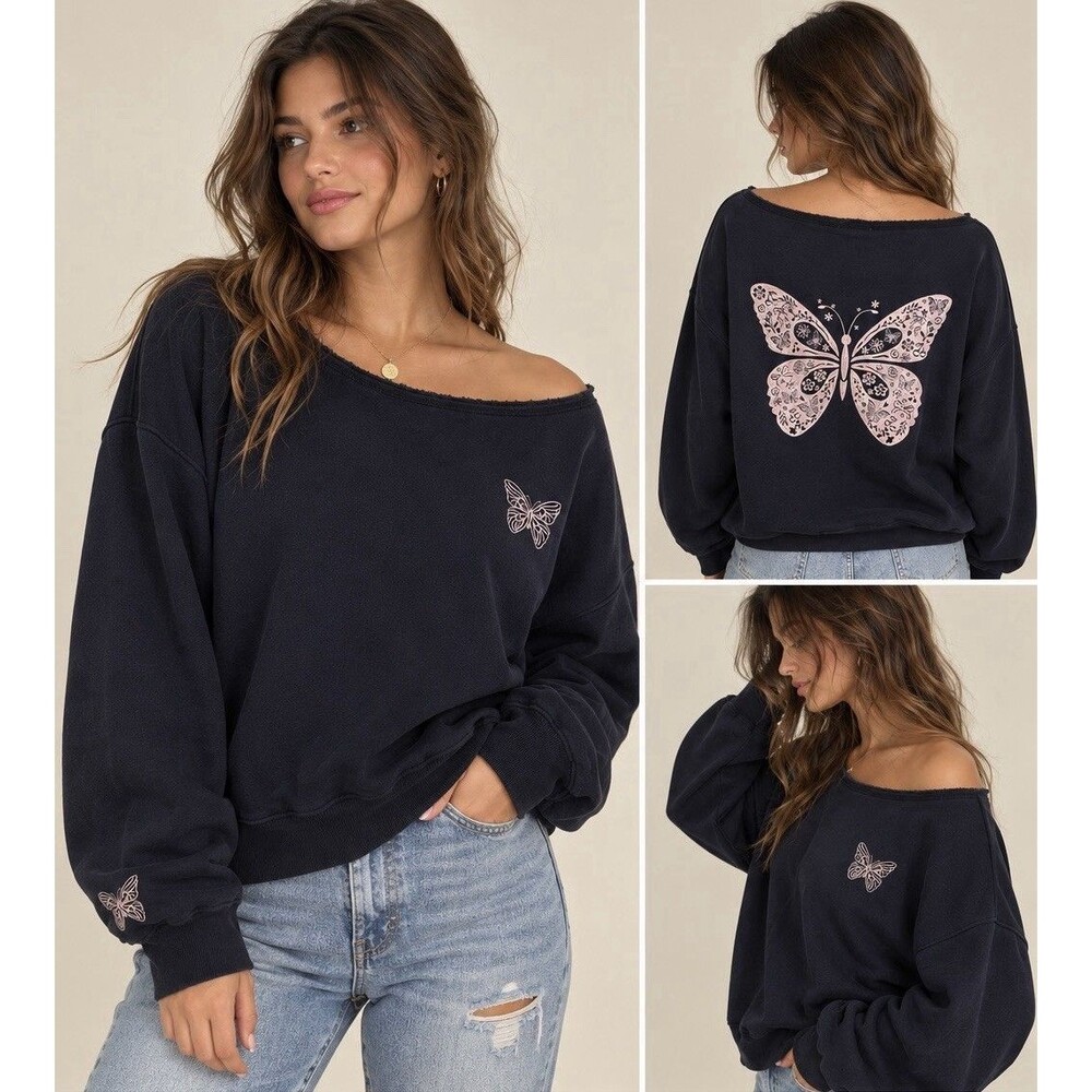 Aeropostale Large Butterfly Sweatshirt Navy Off Shoulder Raw Hem Neckline Y2K